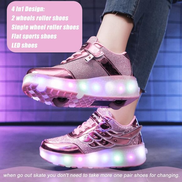 Kids Rose Usb Chargeable Led Light Up Wheeled Skate Sneaker Shoes - Picture 7 of 9